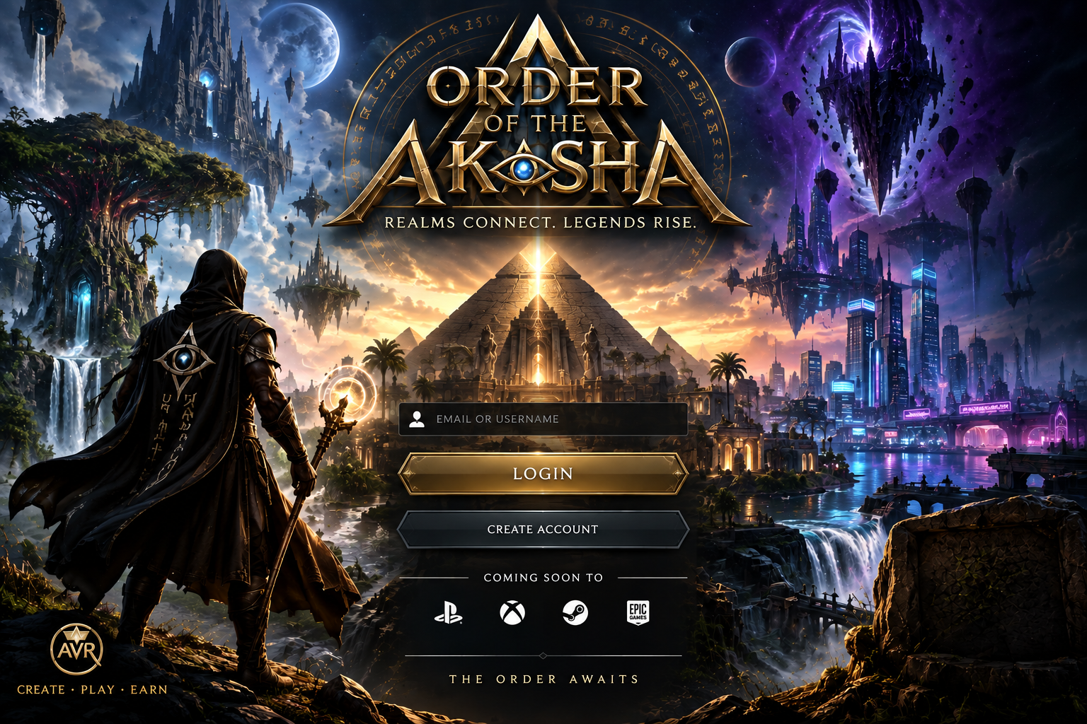 Order of the Akasha artwork: an ancient pyramid surrounded by celestial worlds and floating kingdoms